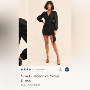 Black Mini Puff-Sleeve Wrap Dress